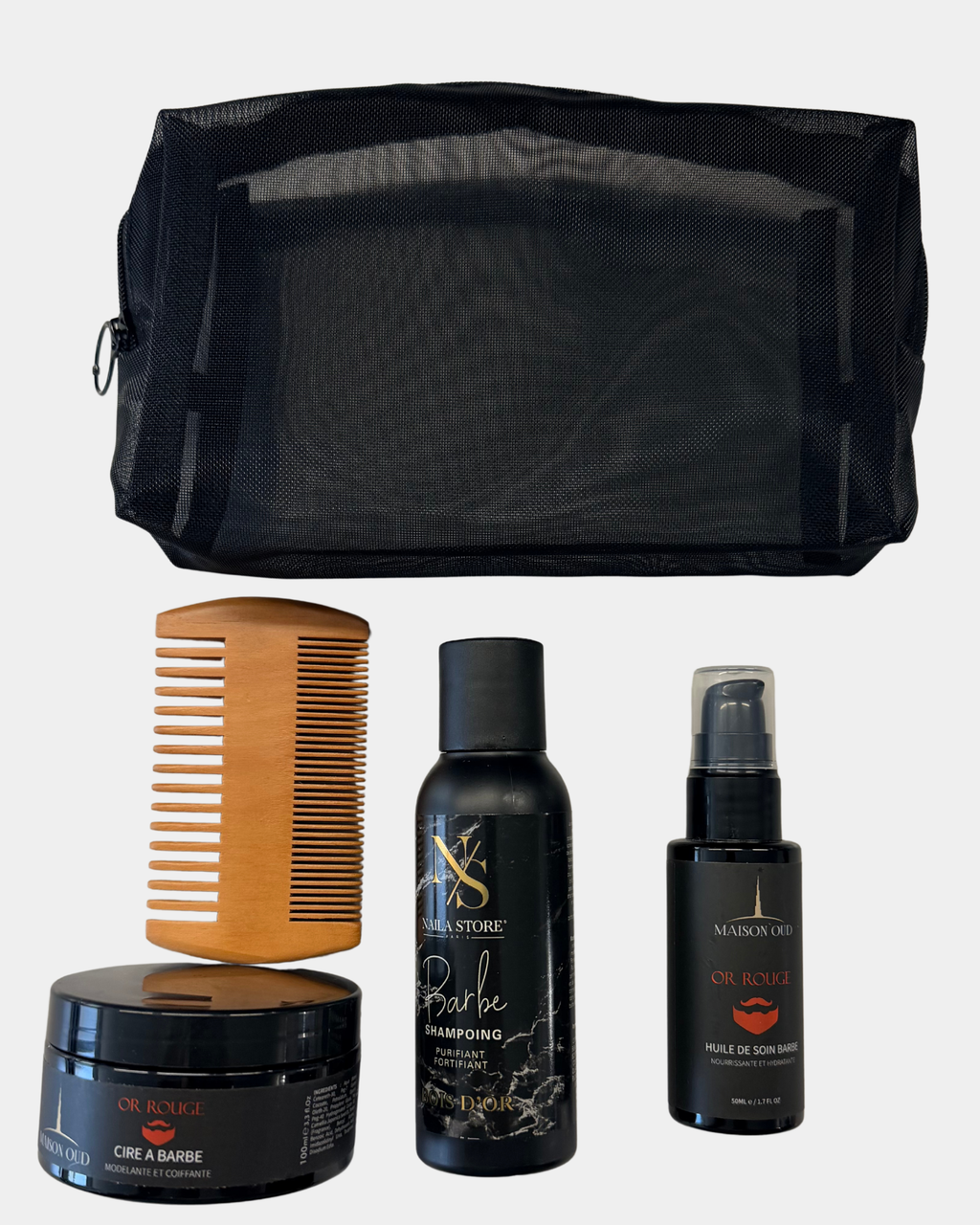 Kit soin barbe : Huile + Cire + Shampoing Barbe + Peigne + Trousse - Or Rouge