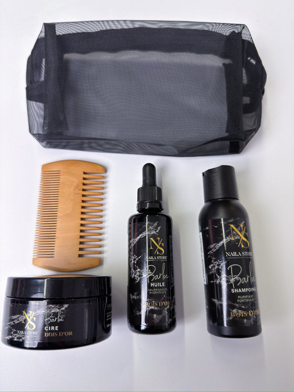 Kit soin barbe : Huile + Cire + Shampoing Barbe + Peigne + Trousse - Bois d'Or